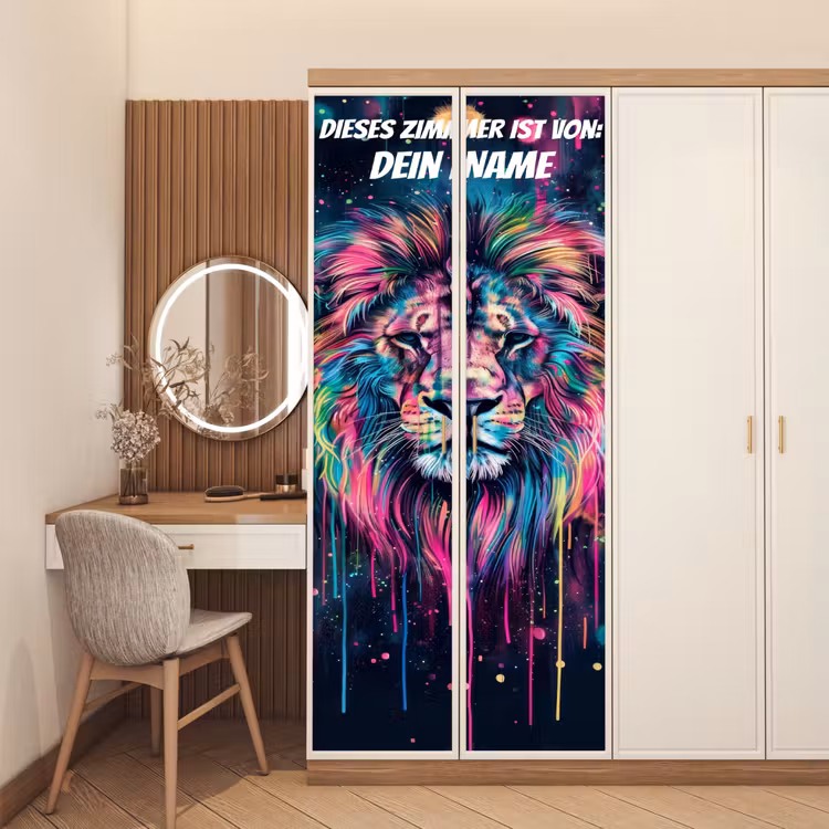 Bunter Löwe im Neon-/Graffiti-Stil mit personalisierbarem Namensfeld. deurposter klein -sfeer3