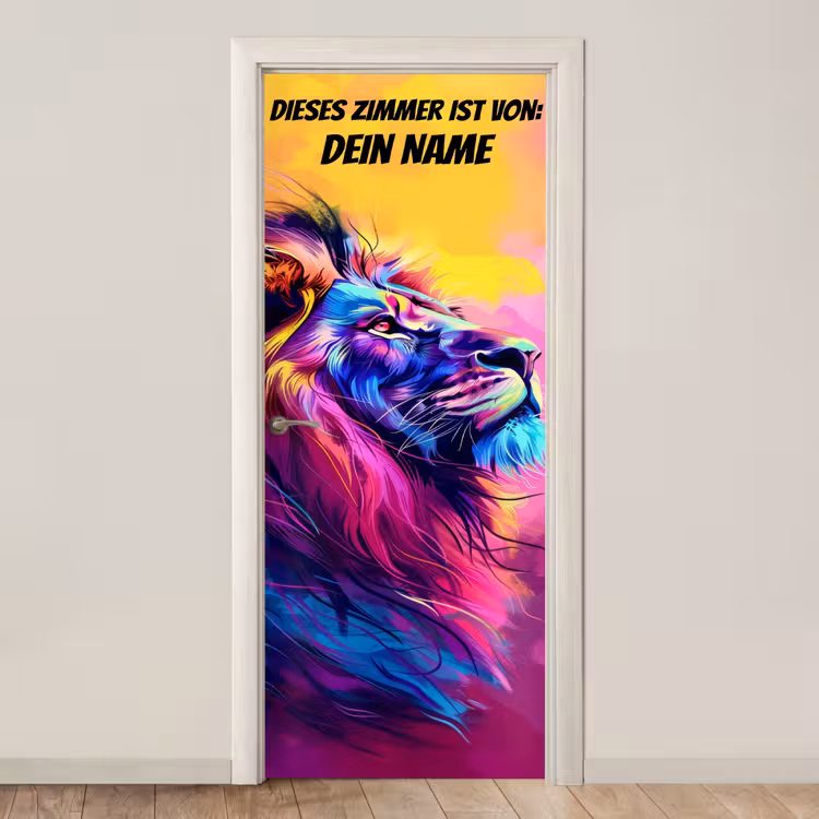 Bunter Löwenkopf im modernen Neon-Art-Stil mit personalisierbarem Namensfeld. deurposter klein -3d_beige