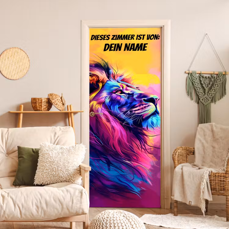 Bunter Löwenkopf im modernen Neon-Art-Stil mit personalisierbarem Namensfeld. deurposter klein -sfeer2