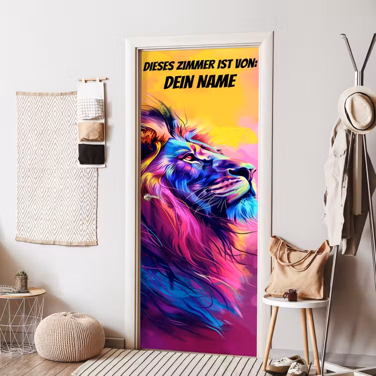 Bunter Löwenkopf im modernen Neon-Art-Stil mit personalisierbarem Namensfeld. deurposter klein -sfeer6