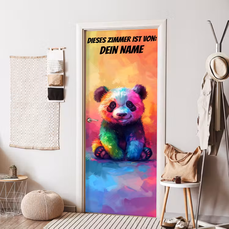 Bunter Panda mit Namensfeld. deurposter klein -sfeer6
