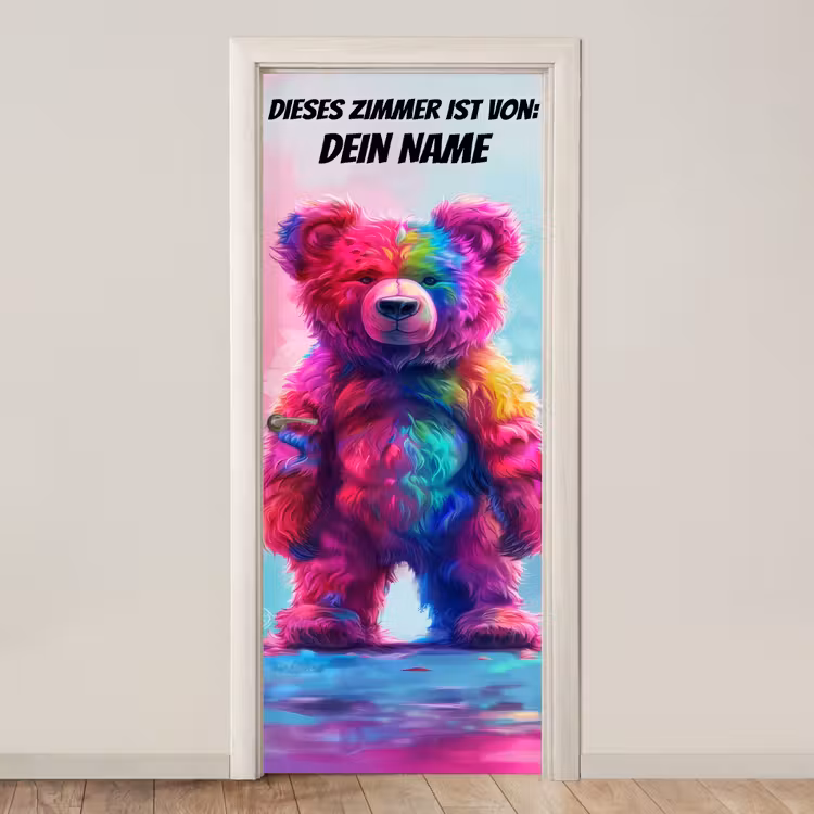 Bunter Teddybär mit Namensfeld oben. deurposter klein -3d_beige