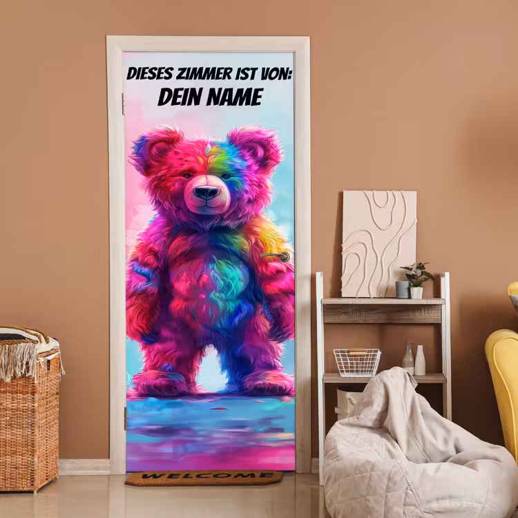 Bunter Teddybär mit Namensfeld oben. deurposter klein -sfeer1