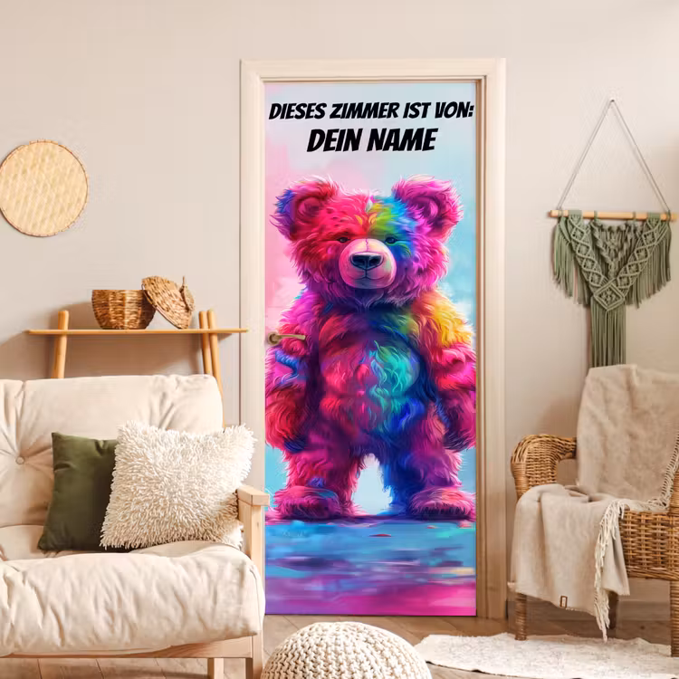 Bunter Teddybär mit Namensfeld oben. deurposter klein -sfeer2