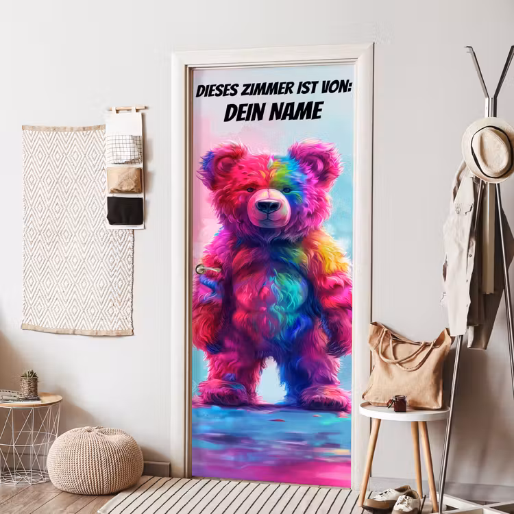 Bunter Teddybär mit Namensfeld oben. deurposter klein -sfeer6