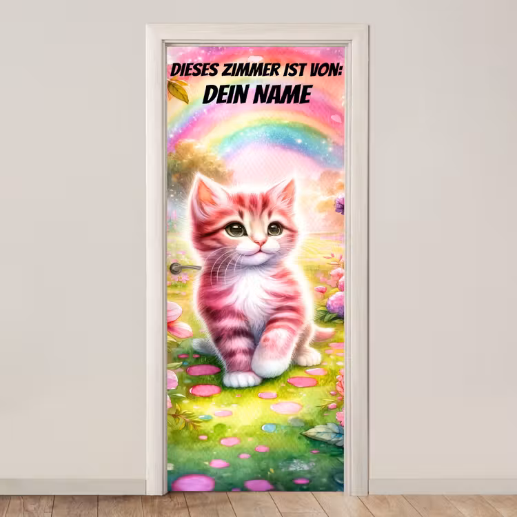 Buntes Kätzchen unter Regenbogen im Garten. deurposter klein -3d_beige