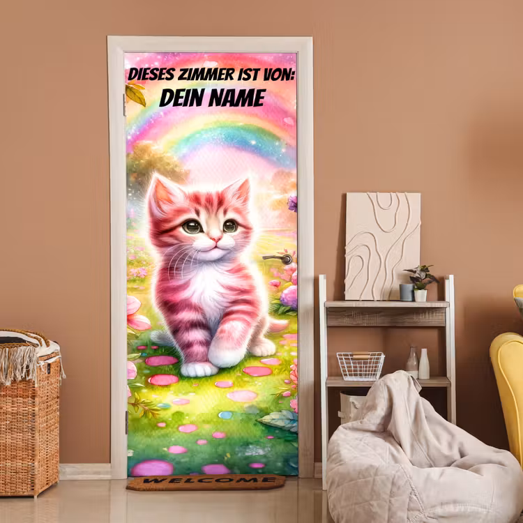 Buntes Kätzchen unter Regenbogen im Garten. deurposter klein -sfeer1