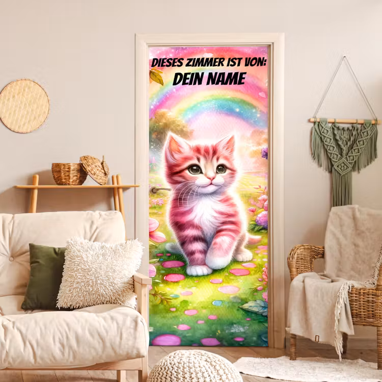 Buntes Kätzchen unter Regenbogen im Garten. deurposter klein -sfeer2