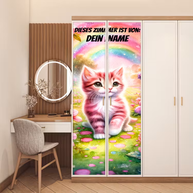 Buntes Kätzchen unter Regenbogen im Garten. deurposter klein -sfeer3