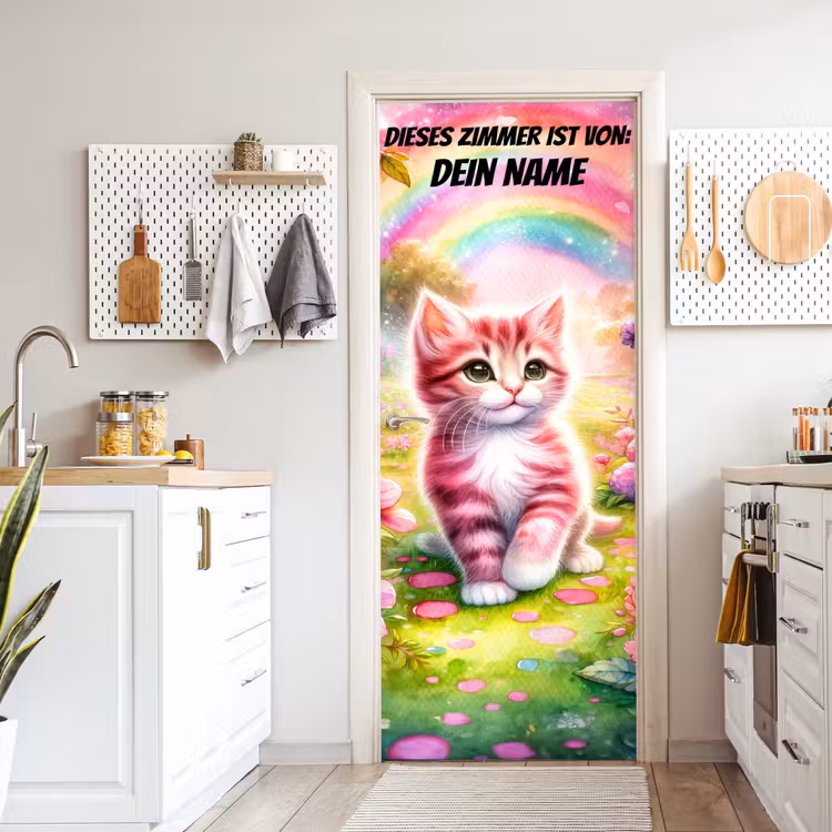 Buntes Kätzchen unter Regenbogen im Garten. deurposter klein -sfeer5
