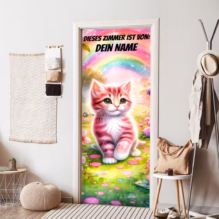 Buntes Kätzchen unter Regenbogen im Garten. deurposter klein -sfeer6