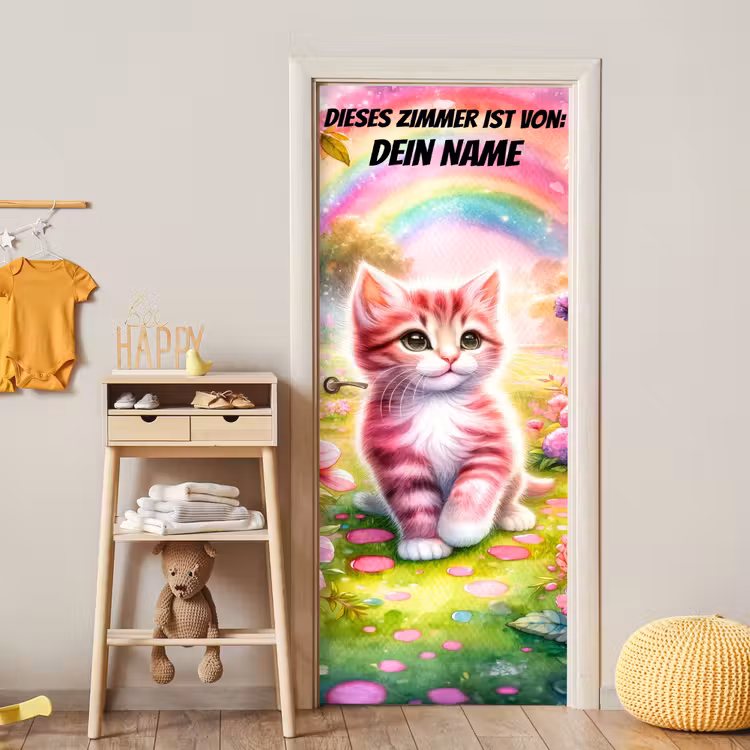 Buntes Kätzchen unter Regenbogen im Garten. deurposter klein -sfeer4