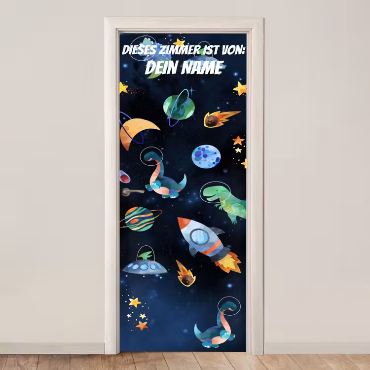 Dinosaurier und Rakete im Weltraum. deurposter klein -3d_beige