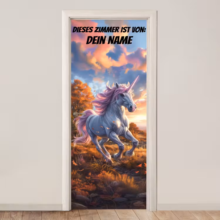 Einhorn im herbstlichen Sonnenuntergang mit personalisierbarem Namensfeld. deurposter klein -3d_beige