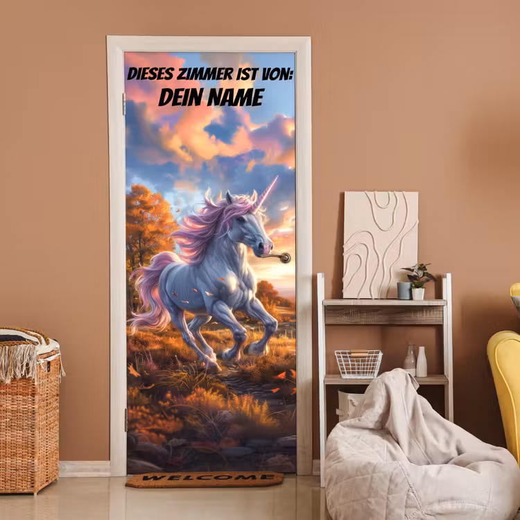 Einhorn im herbstlichen Sonnenuntergang mit personalisierbarem Namensfeld. deurposter klein -sfeer1
