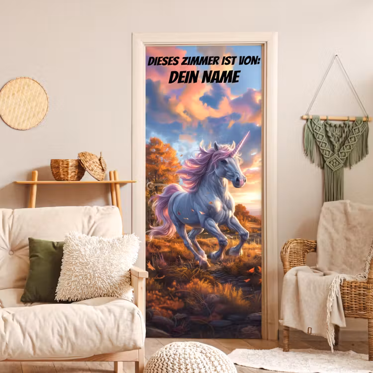 Einhorn im herbstlichen Sonnenuntergang mit personalisierbarem Namensfeld. deurposter klein -sfeer2