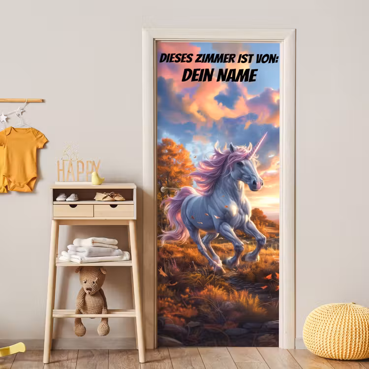 Einhorn im herbstlichen Sonnenuntergang mit personalisierbarem Namensfeld. deurposter klein -sfeer4