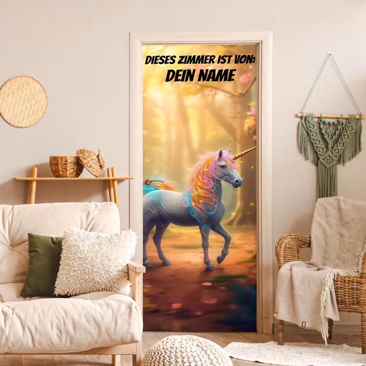 Einhorn mit leuchtender bunter Mähne im Zauberwald mit personalisierbarem Text oben. deurposter klein -sfeer2