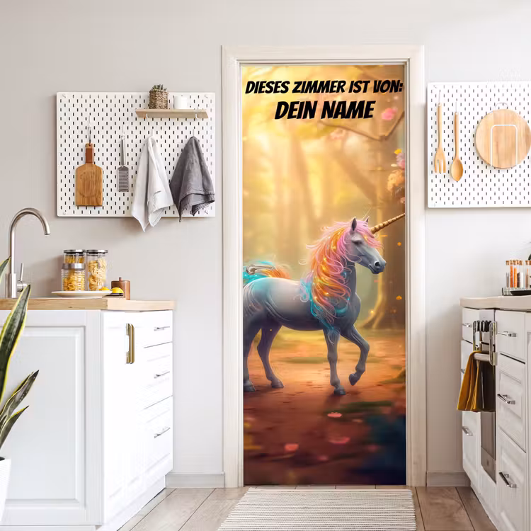 Einhorn mit leuchtender bunter Mähne im Zauberwald mit personalisierbarem Text oben. deurposter klein -sfeer5