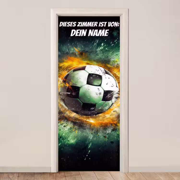 Explodierender Fußball mit Namensfeld. deurposter klein -3d_beige