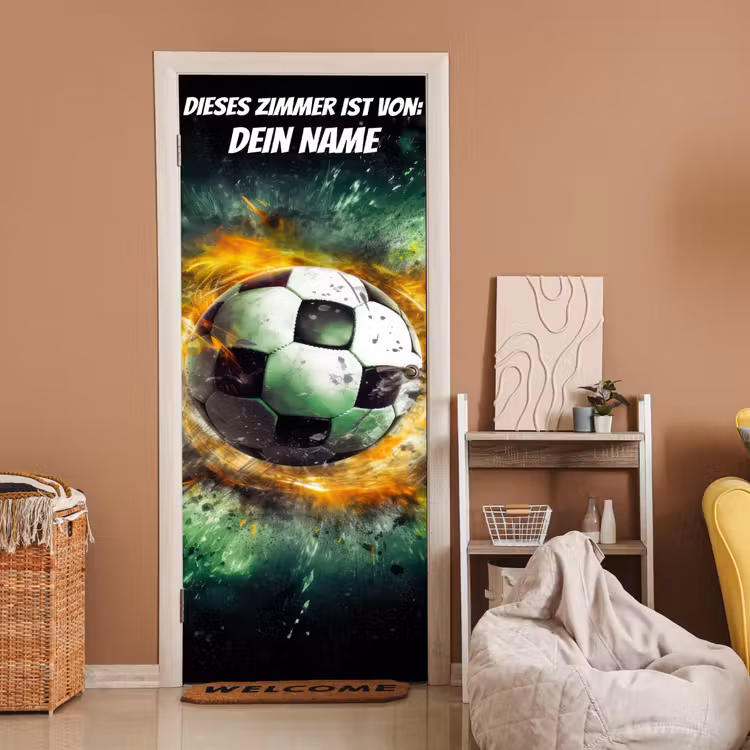 Explodierender Fußball mit Namensfeld. deurposter klein -sfeer1