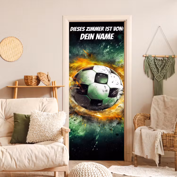 Explodierender Fußball mit Namensfeld. deurposter klein -sfeer2