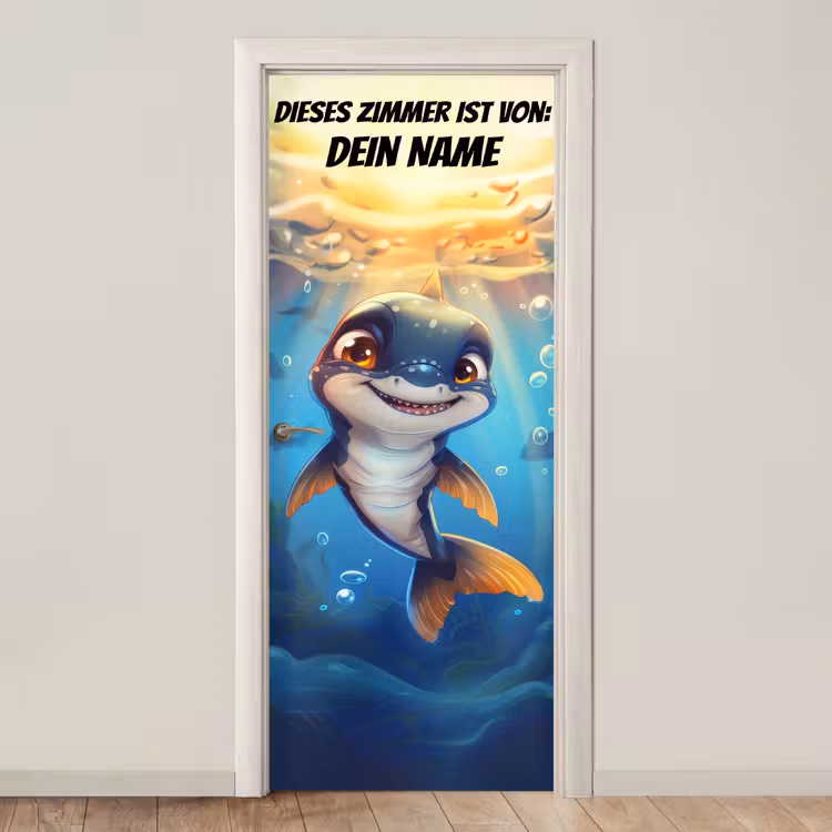 Fröhlicher kleiner Hai unter Wasser. deurposter klein -3d_beige