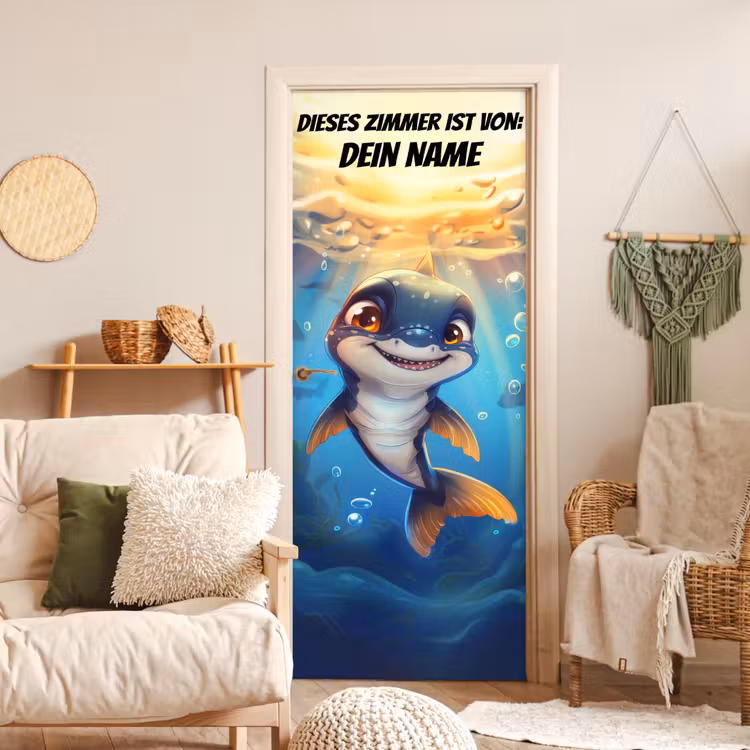 Fröhlicher kleiner Hai unter Wasser. deurposter klein -sfeer2