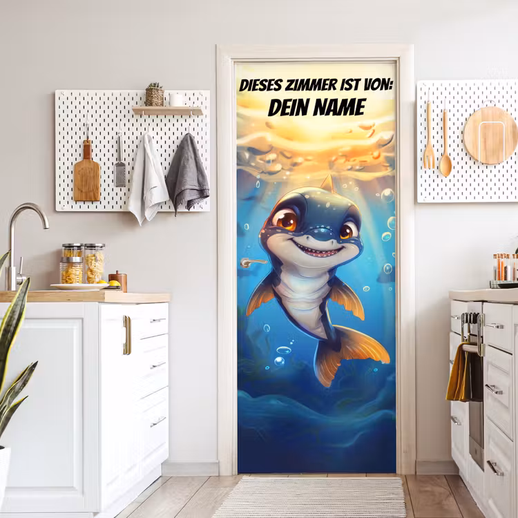 Fröhlicher kleiner Hai unter Wasser. deurposter klein -sfeer5