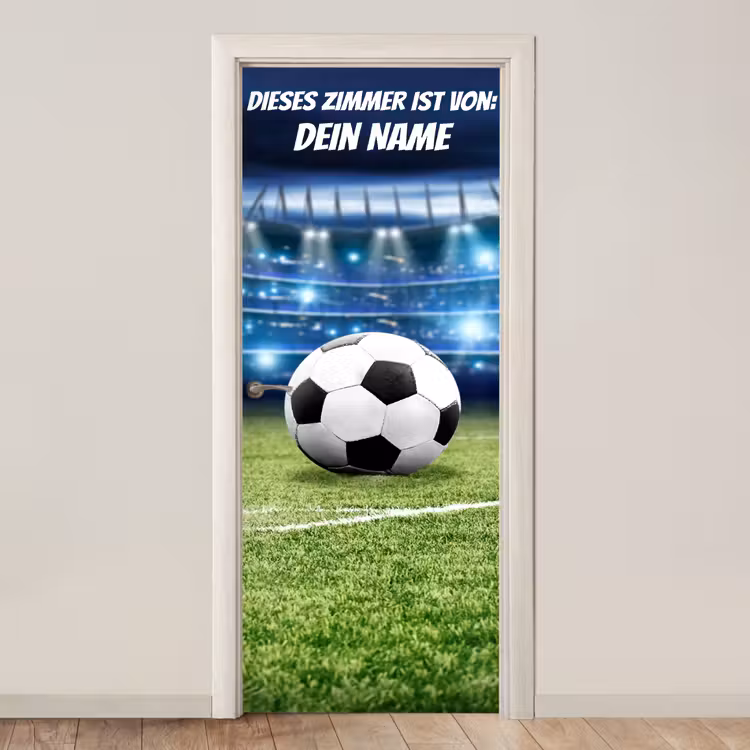 Fußball im Stadion mit Namensfeld. deurposter klein -3d_beige