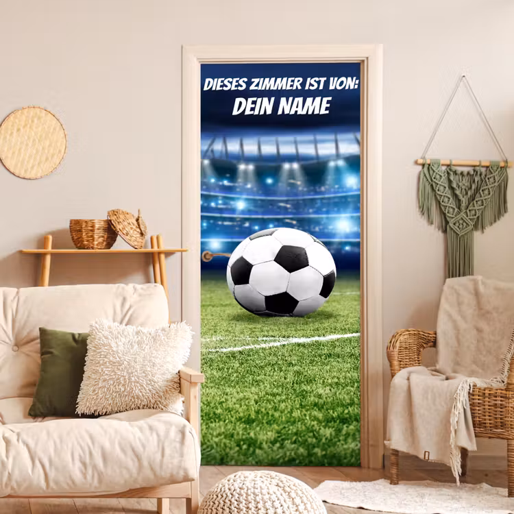 Fußball im Stadion mit Namensfeld. deurposter klein -sfeer2
