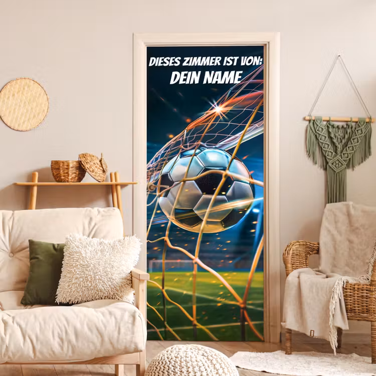 Fußball im Tornetz mit Namensfeld. deurposter klein -sfeer2
