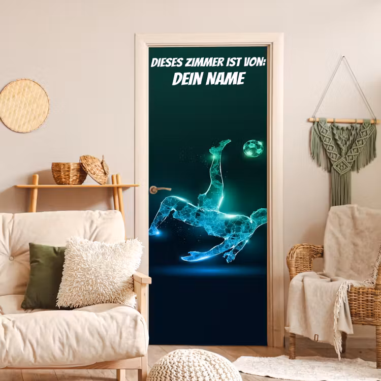 Futuristischer Fußballspieler mit Namensfeld. deurposter klein -sfeer2