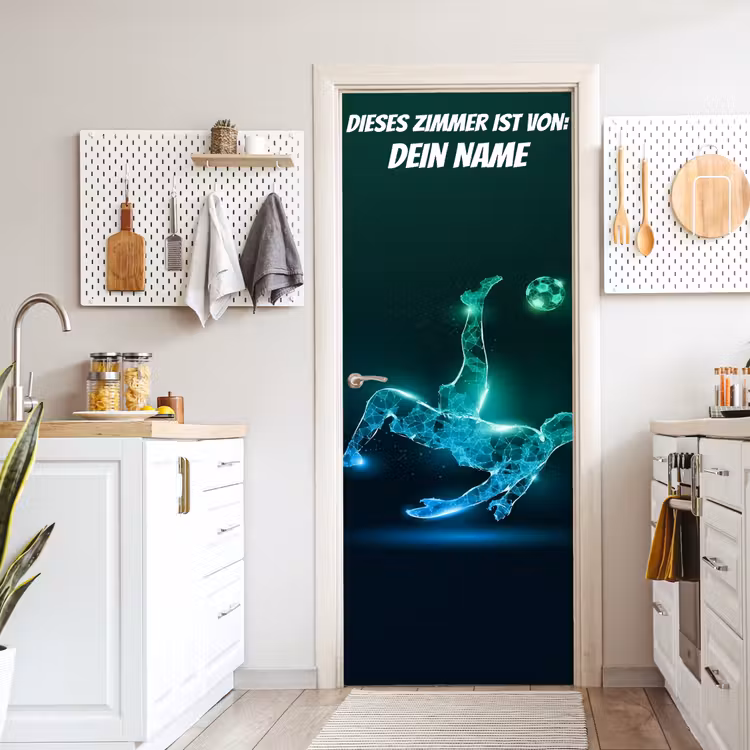 Futuristischer Fußballspieler mit Namensfeld. deurposter klein -sfeer5