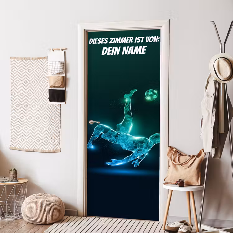 Futuristischer Fußballspieler mit Namensfeld. deurposter klein -sfeer6