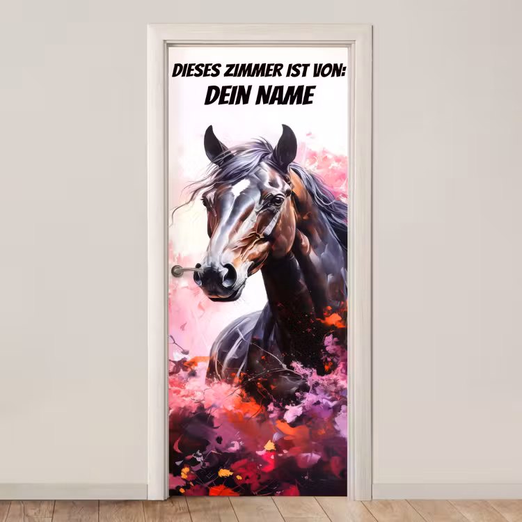 Gemaltes Pferd in kräftigen Farben mit personalisierbarem Text oben. deurposter klein -3d_beige