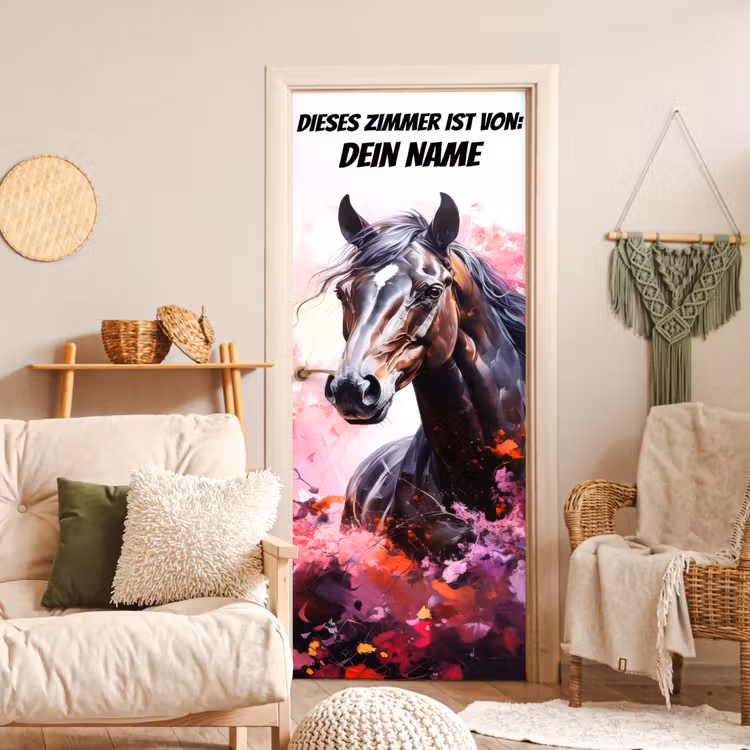 Gemaltes Pferd in kräftigen Farben mit personalisierbarem Text oben. deurposter klein -sfeer2