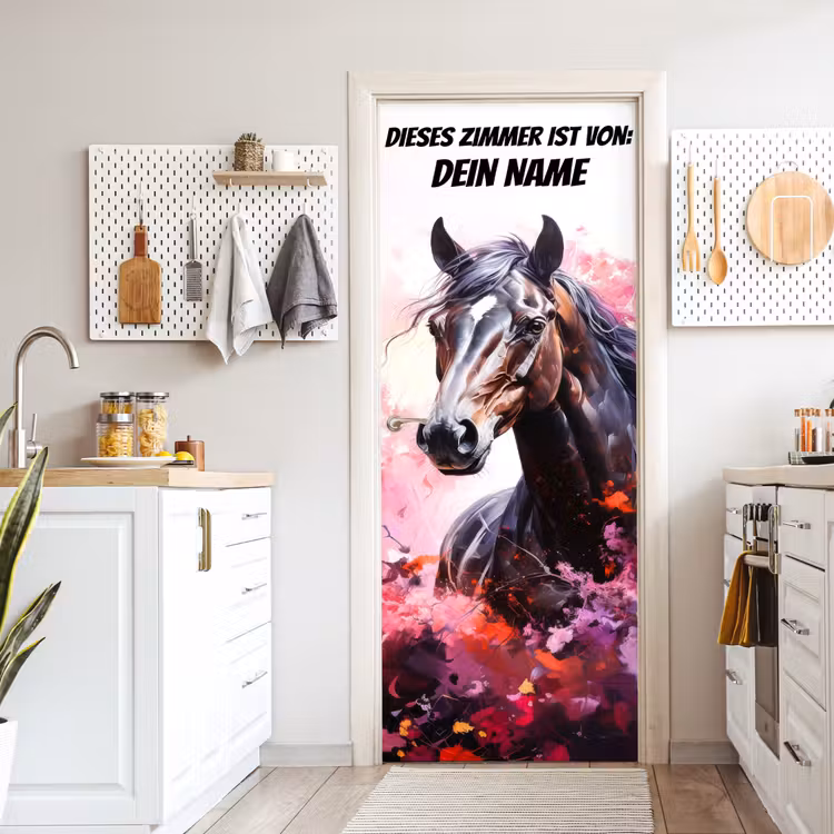 Gemaltes Pferd in kräftigen Farben mit personalisierbarem Text oben. deurposter klein -sfeer5