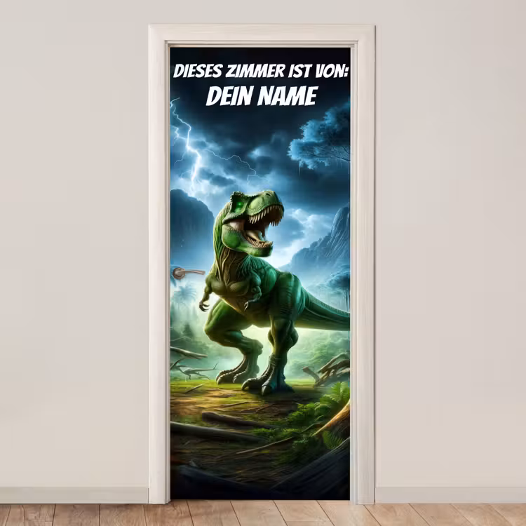 Grüner T-Rex im Gewitter mit Namensfeld. deurposter klein -3d_beige