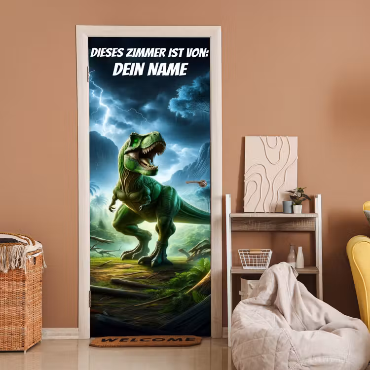 Grüner T-Rex im Gewitter mit Namensfeld. deurposter klein -sfeer1