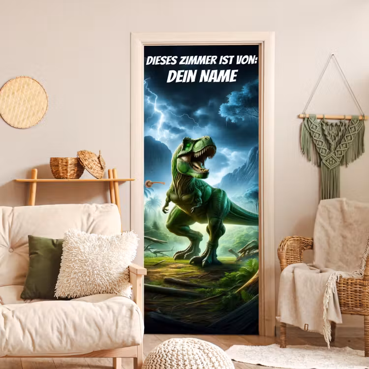 Grüner T-Rex im Gewitter mit Namensfeld. deurposter klein -sfeer2