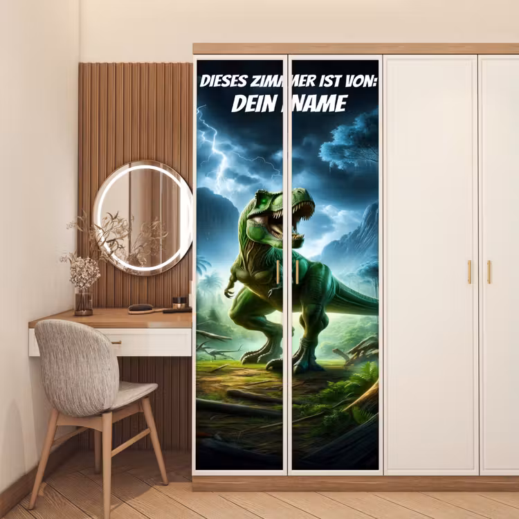 Grüner T-Rex im Gewitter mit Namensfeld. deurposter klein -sfeer3