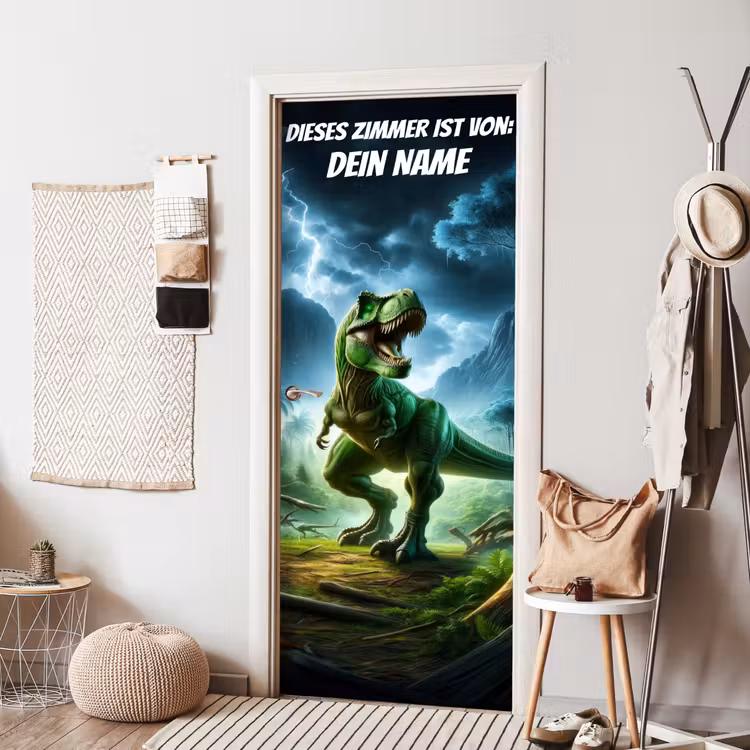 Grüner T-Rex im Gewitter mit Namensfeld. deurposter klein -sfeer6