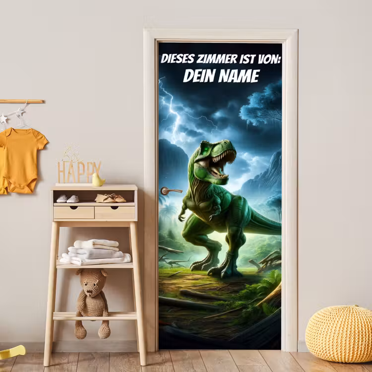 Grüner T-Rex im Gewitter mit Namensfeld. deurposter klein -sfeer4