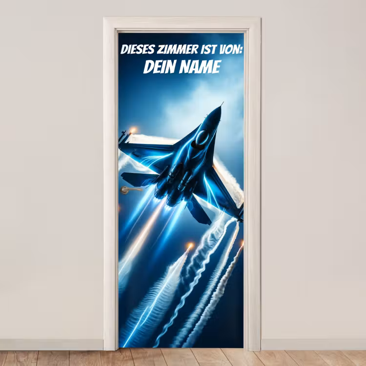 Kampfjet im Flug mit Namensfeld. deurposter klein -3d_beige
