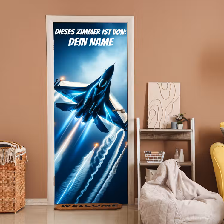 Kampfjet im Flug mit Namensfeld. deurposter klein -sfeer1