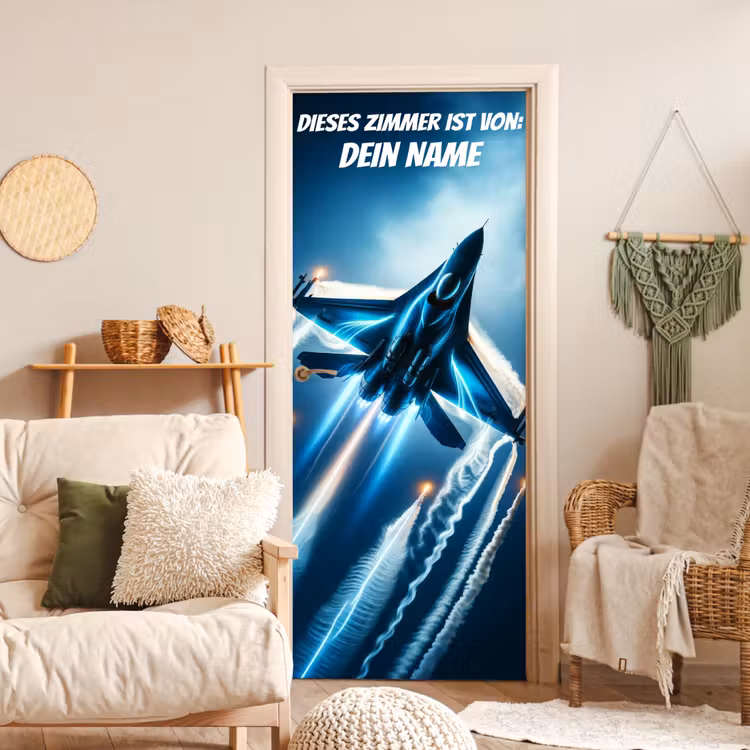 Kampfjet im Flug mit Namensfeld. deurposter klein -sfeer2