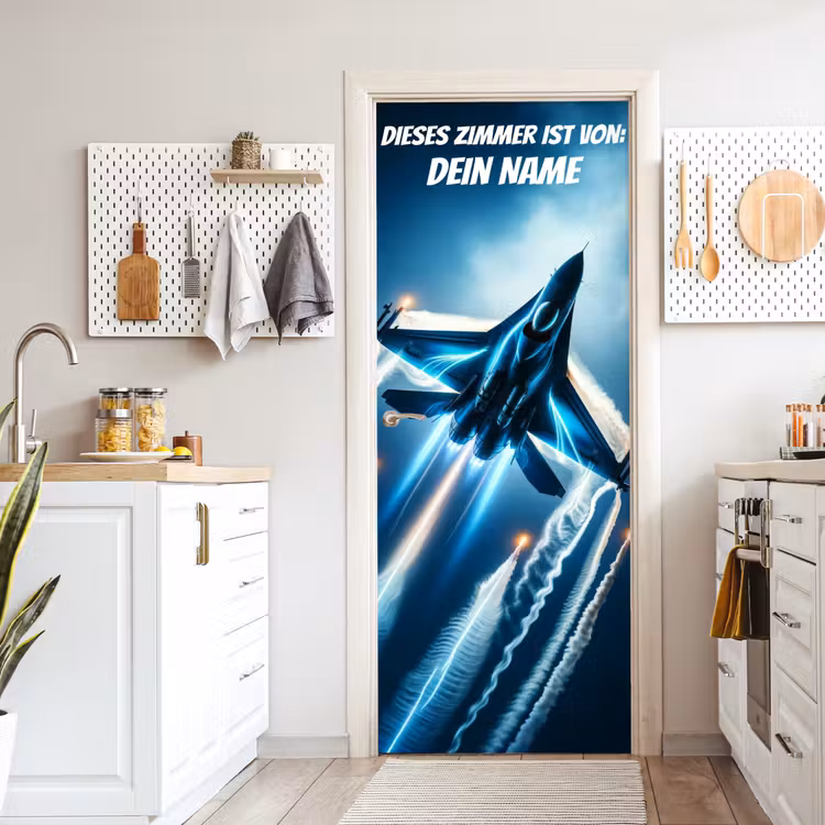 Kampfjet im Flug mit Namensfeld. deurposter klein -sfeer5