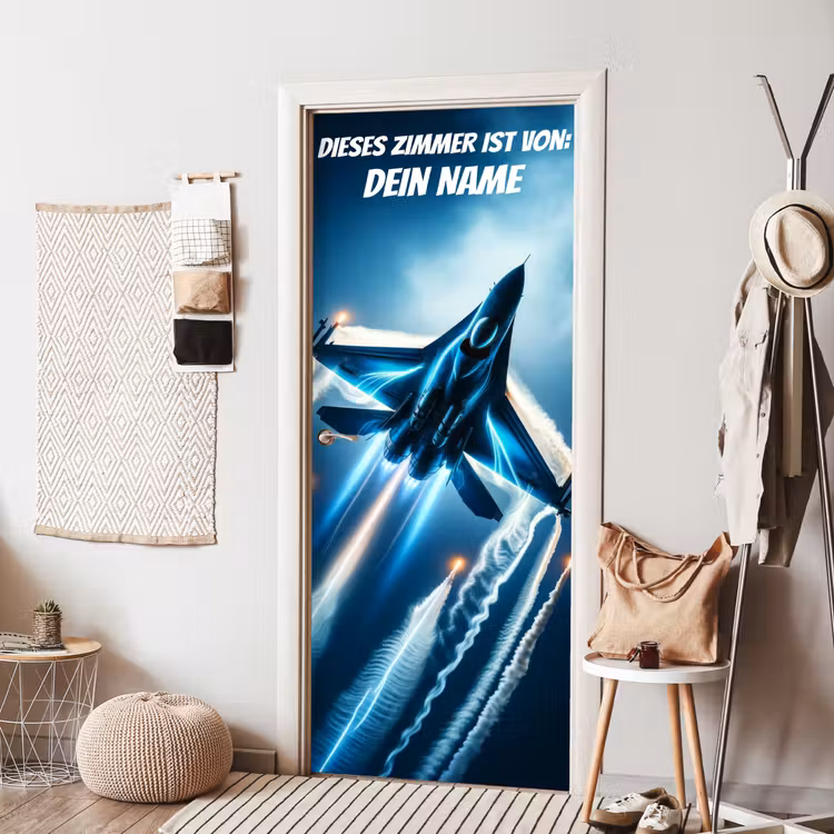 Kampfjet im Flug mit Namensfeld. deurposter klein -sfeer6