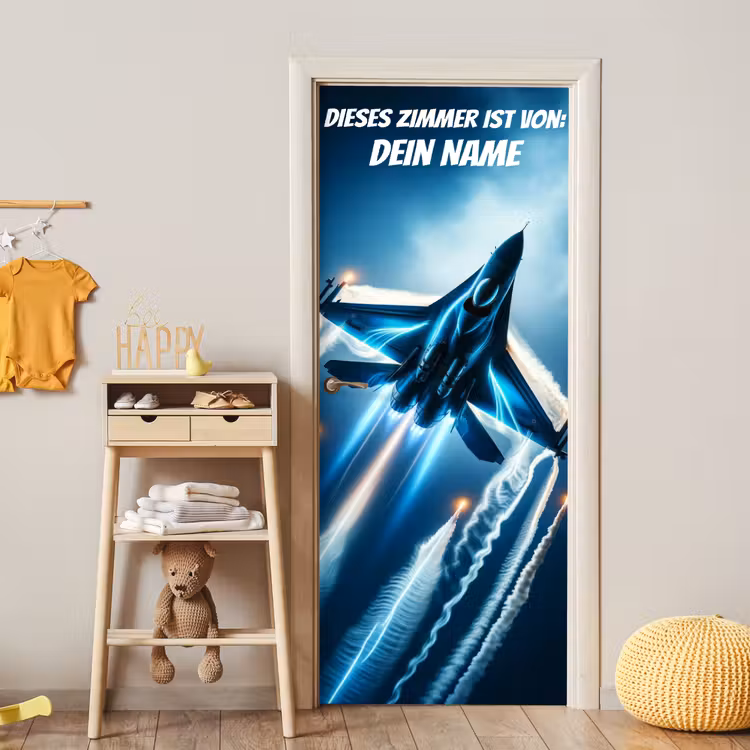 Kampfjet im Flug mit Namensfeld. deurposter klein -sfeer4